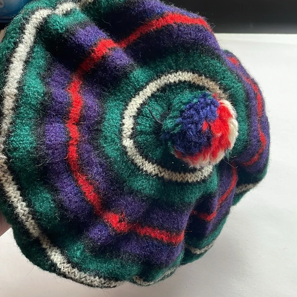 VTG Striped Knit Tam Beret Green Wool Pom Scotland MacKenzie Hat Cap Stripe Navy